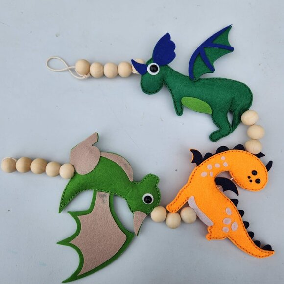 Handmade Dragons Dinosaurs Felt Garland Wall Decor Hangs Vertically Nursery Room - Picture 1 of 12